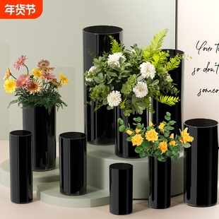 黑色花瓶轻奢小众高级感客厅插花亚克力中古水培创意摆件卧室玄关