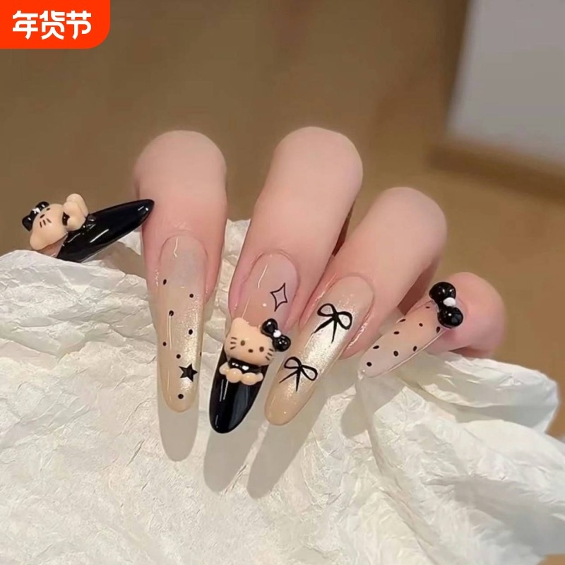 手工穿戴甲黑法式高级感黑皮Kitty猫眼美甲贴片显白蝴蝶新年星星,彩妆/香水/美妆工具,穿戴甲/甲片,淘宝优惠券,粉丝福利购,淘宝优惠卷