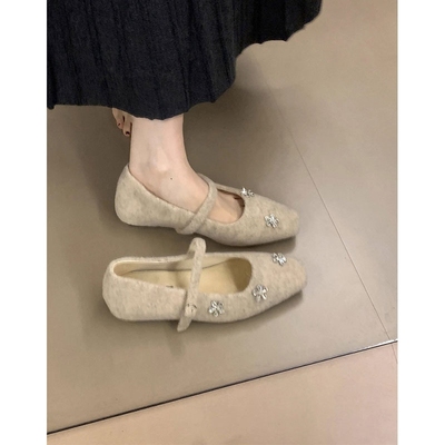 内增高复古毛呢水钻毛毛鞋单鞋女2025秋冬新款配裙子加绒玛丽珍鞋