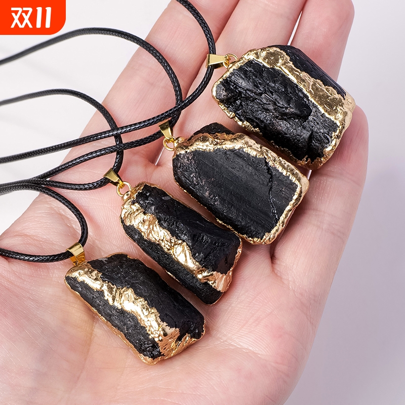 天然水晶矿石黑碧玺鎏金吊坠手工打磨电气石柱项吊坠链饰品挂件