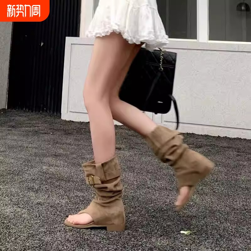 宋2026新款夏天靴子夹趾靴夹脚凉靴凉鞋平底内增高堆堆靴短靴黑色