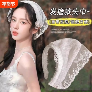 发箍头巾周也同款法式气质包头三角巾女头箍丝巾发饰秋季蕾丝发带