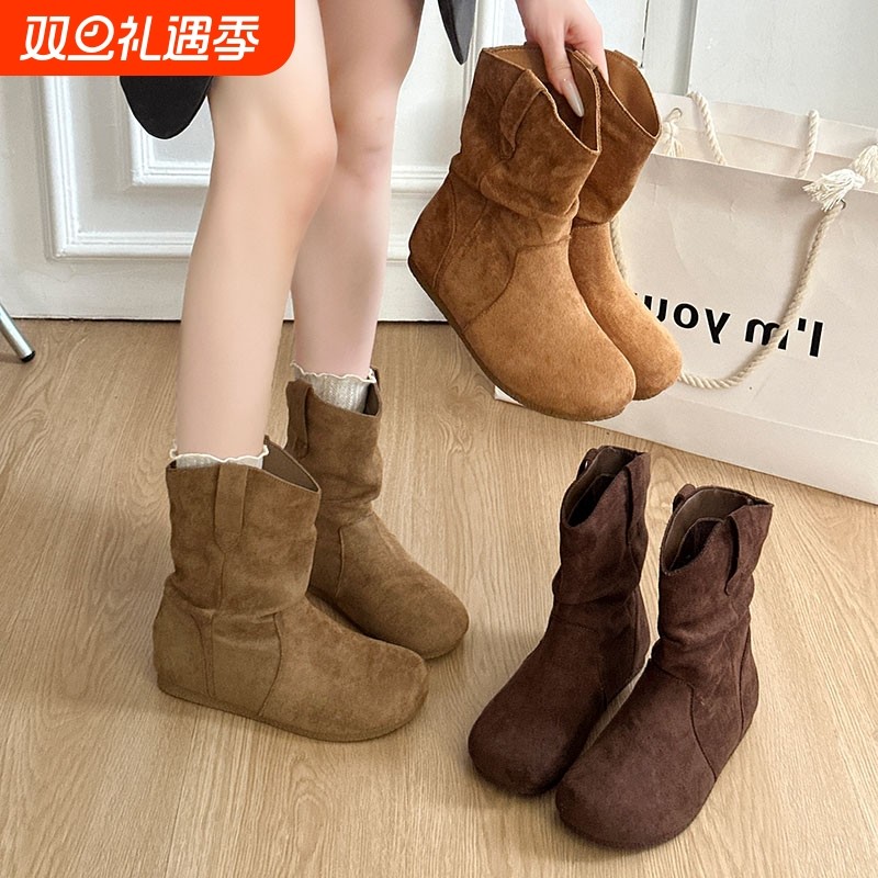 法式内增高圆头勃肯鞋短靴子女2025秋季新款棕色堆堆靴韩系马丁靴