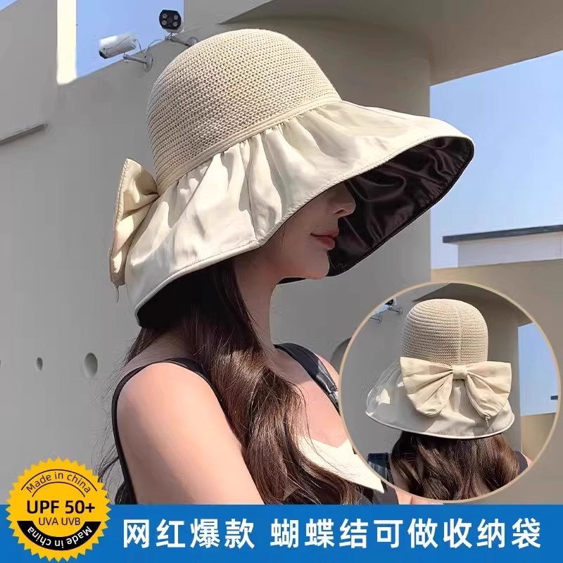 夏季黑胶蝴蝶结遮阳帽女镂空草帽防紫外线大檐遮脸防晒太阳渔夫帽