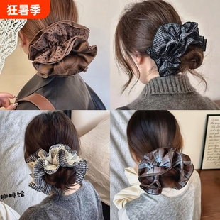 韩系格子蕾丝大肠发圈女豹纹风头花发绳超大丸子头发饰高级感头饰