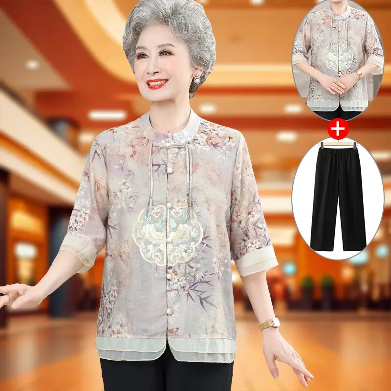 中老年人夏装女衬衫奶奶上衣老人衣服妈妈国风新中式夏天T恤小衫