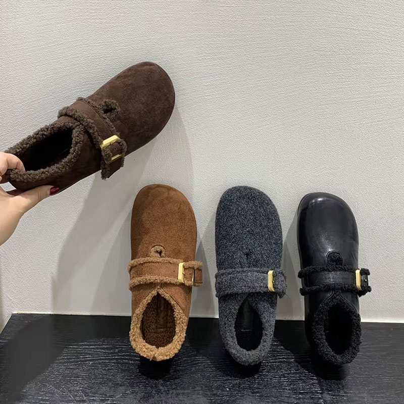 平底毛呢加绒勃肯鞋女2025秋冬新款保暖乐福鞋一脚蹬棉鞋灰色黑色