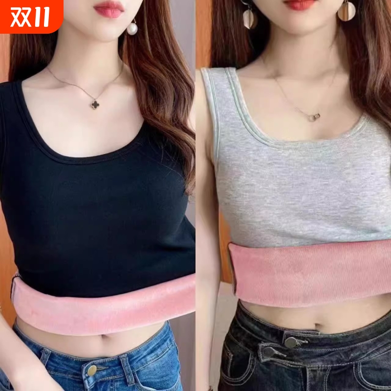 加绒加厚吊带背心女新款体恤内搭无袖t恤上衣女士保暖打底衫秋冬