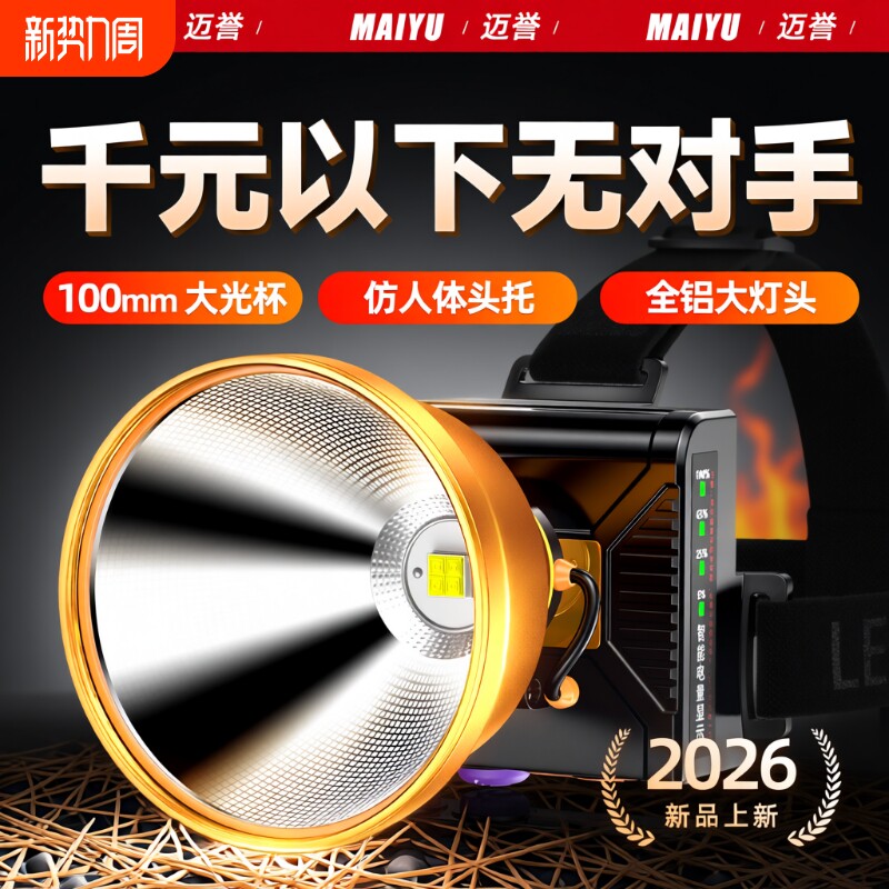 头灯野外强光2026新款超亮头戴式超长续航钓鱼专用灯赶海充电矿灯