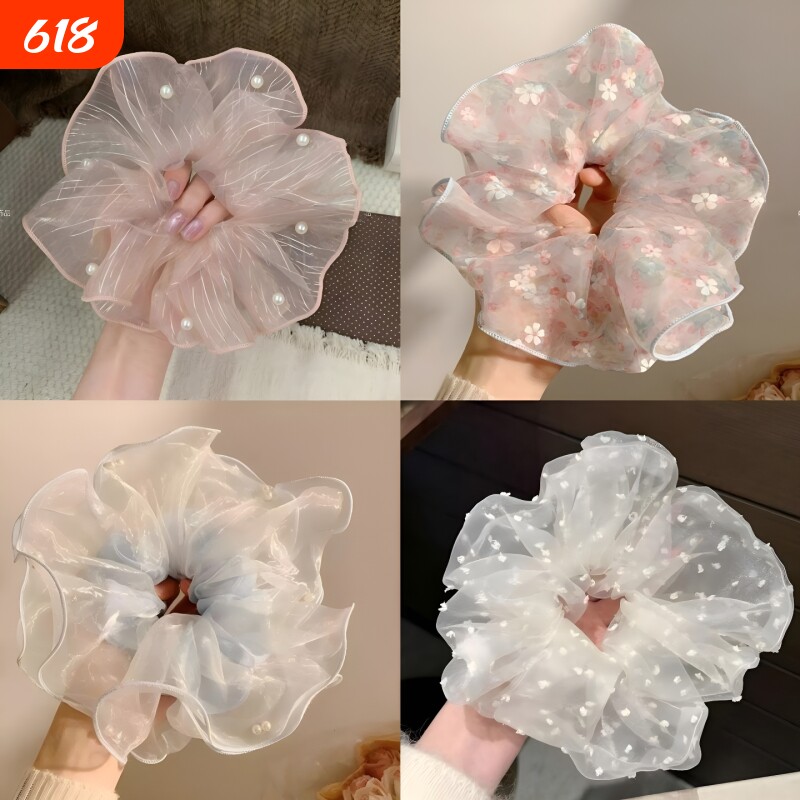 泡泡纱碎花韩国大肠粉色发圈高级头绳超大发饰波点蓝色网纱欧根纱