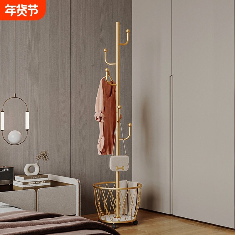 带轮衣帽架挂衣架落地卧室家用移动衣服架子脏衣篓多功能收纳铁艺