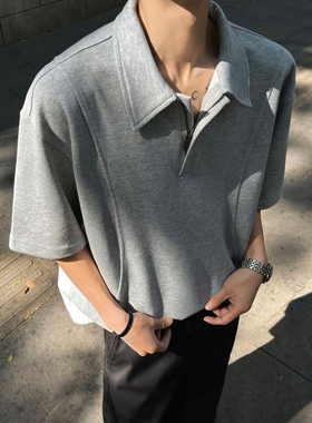 美式解构polo领拉链短袖t恤男夏季重磅半袖潮牌宽松中袖灰色黑色
