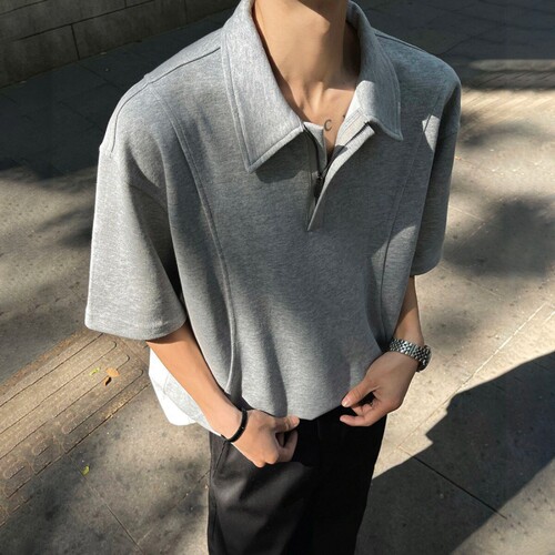 美式解构polo领拉链短袖t恤男夏季重磅半袖潮牌宽松中袖灰色黑色