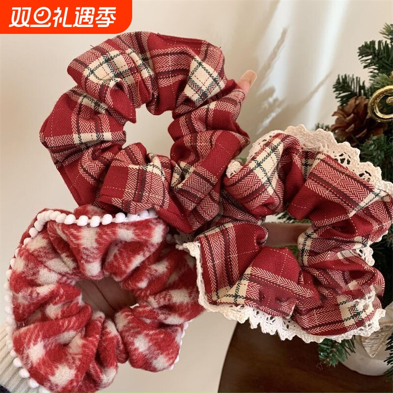 红色蕾丝格子大肠发圈女高级感新年圣诞氛围感韩系头绳发绳头饰品