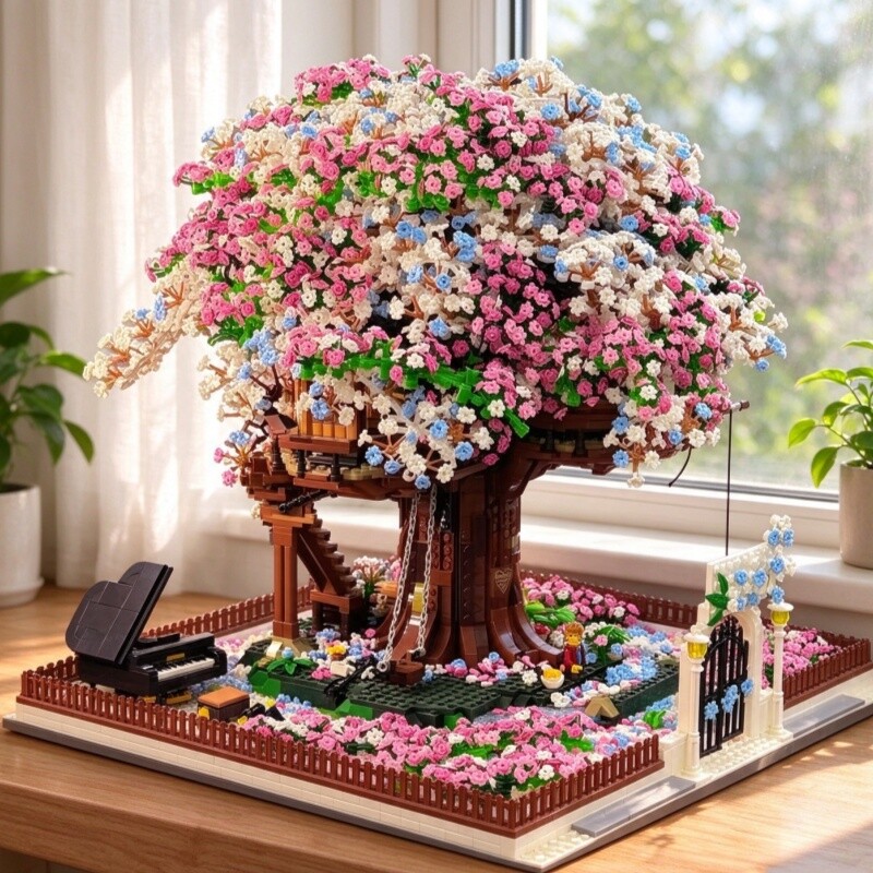 樱花树屋积木花束拼图手工diy成人高难度女生日礼物大型拼装玩具