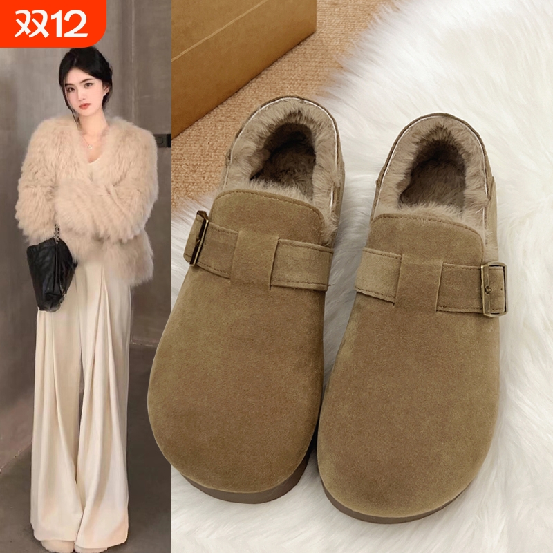 加绒全包复古勃肯鞋女冬2025新款一脚蹬豆豆鞋毛毛棉鞋保暖雪地靴