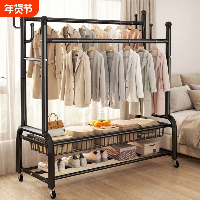 挂衣架卧室落地家用双杆晾衣服架子可移动网篮收纳置物房间衣帽架,收纳整理,置地/升降晾晒衣架,淘宝优惠券,粉丝福利购,淘宝优惠卷