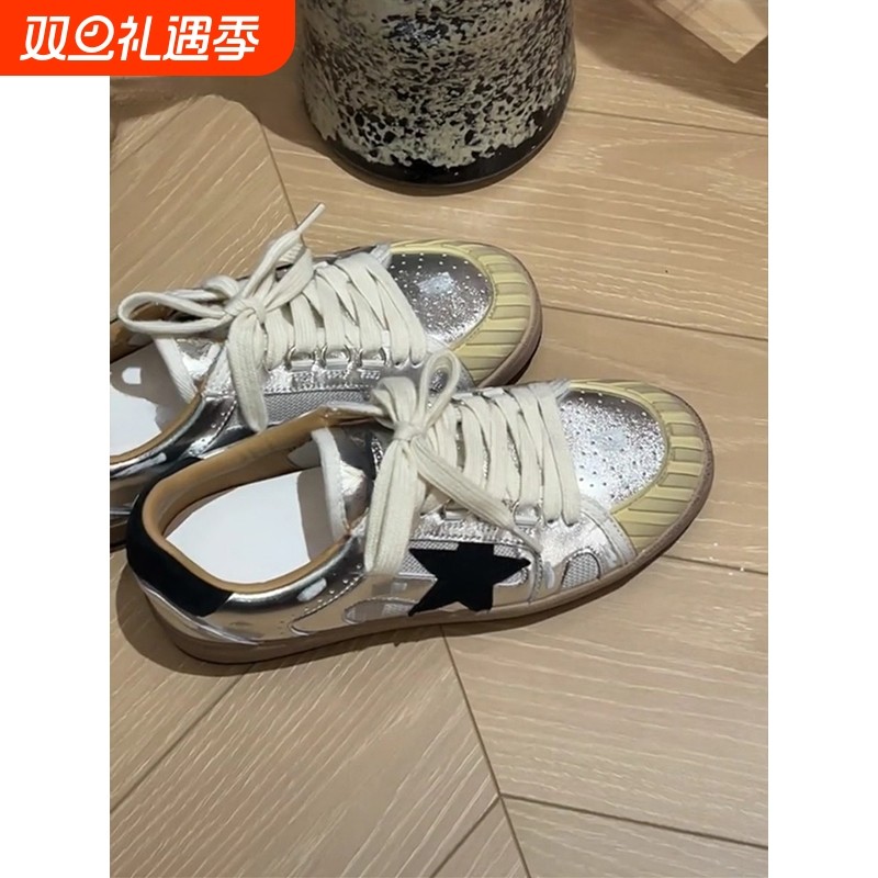 真皮小白鞋女星星复古做旧小脏鞋2025新款时尚百搭休闲板鞋德训鞋