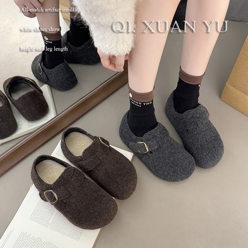 内增高加绒勃肯鞋女鞋子2025秋冬季保暖毛毛博肯鞋单鞋灰色平底