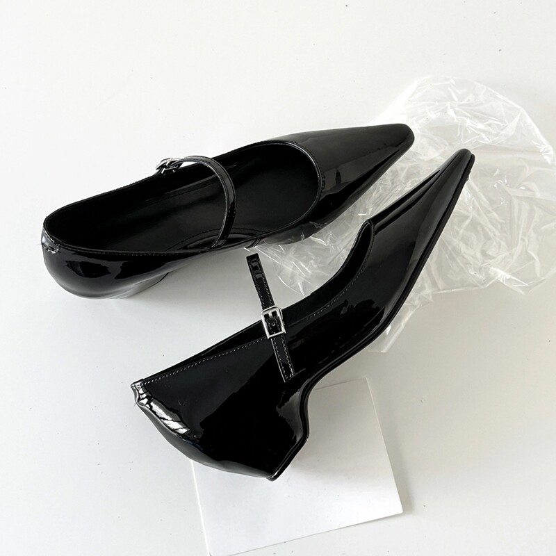 羊皮版~法式气质一字扣带粗跟玛丽珍女鞋尖头单鞋浅口通勤高跟鞋