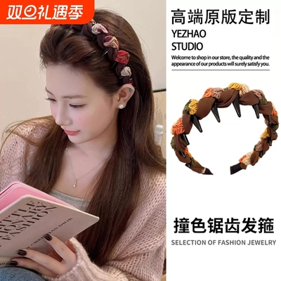 秋冬复古拼色布艺发箍缠绕