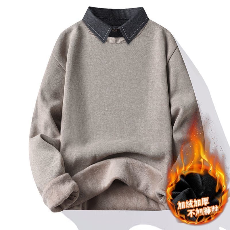 一体绒衬衫领毛衣男秋冬季加绒加厚假两件针织衫内搭打底保暖线衣