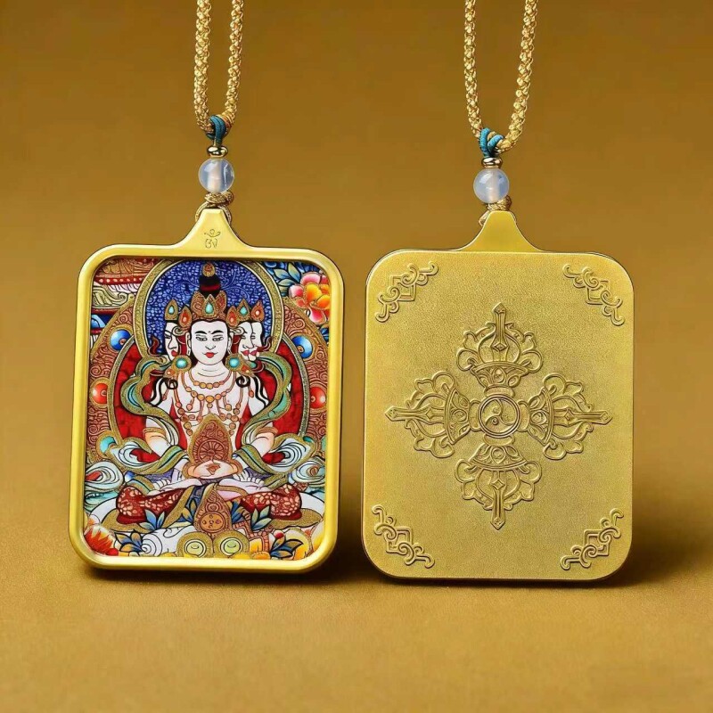 扎基拉姆绿度母文殊普贤菩萨唐卡吊坠钛钢佛牌黄财神本命佛项链