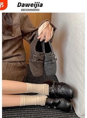 灰色法式方头厚底加绒单鞋女冬2025新款保暖外穿内增高毛毛鞋手工