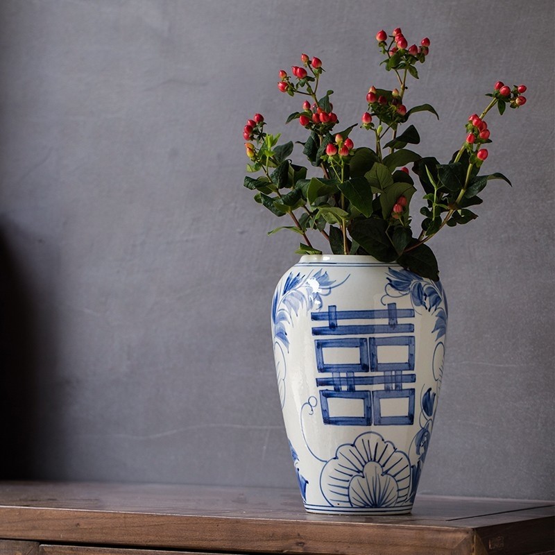 青花瓷花瓶景德镇陶瓷器花瓶插花喜字仿古中式家居客厅小装饰瓷瓶