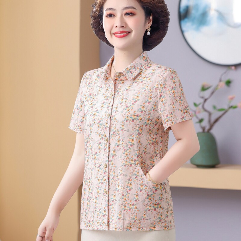 2026新款时尚妈妈夏装短袖碎花全棉衬衫中老年女洋气纯棉上衣奶奶