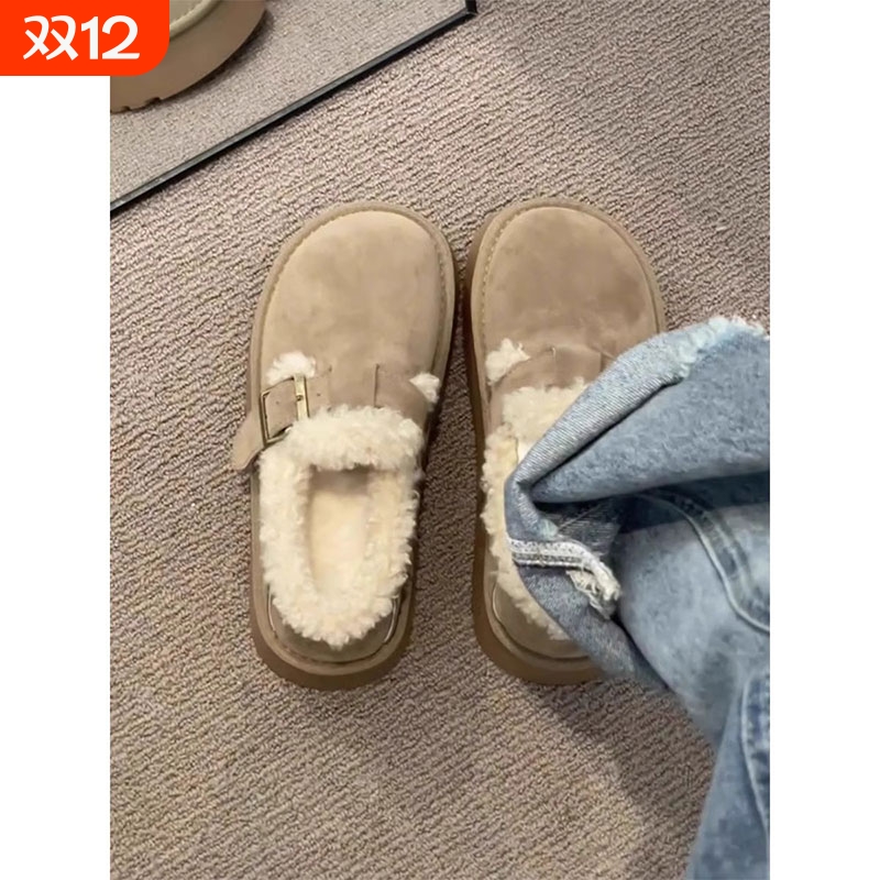 真皮～厚底加绒勃肯鞋女2025新款秋冬百搭一脚蹬毛毛棉鞋雪地靴