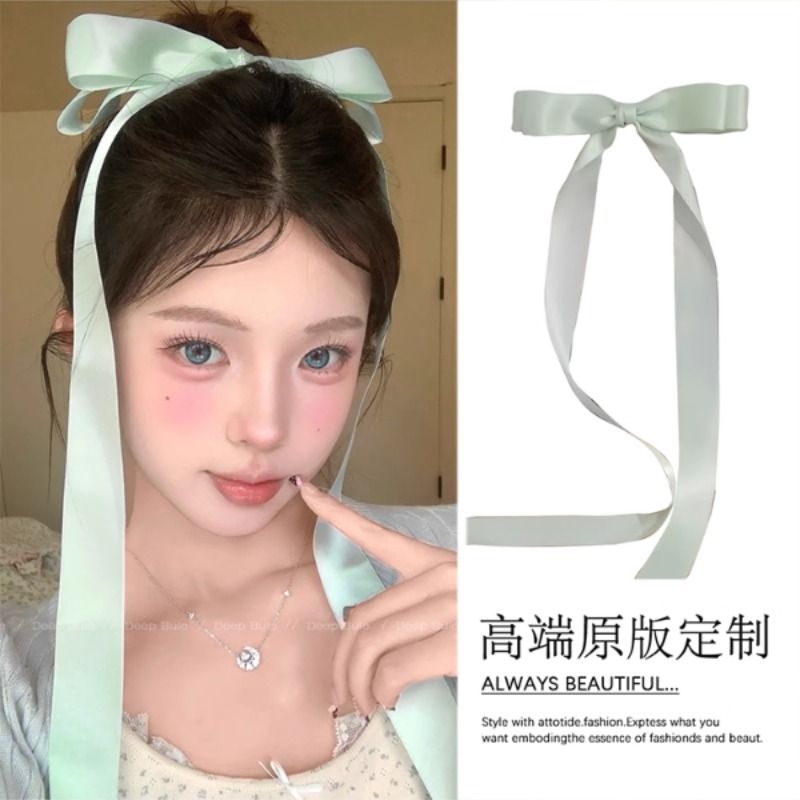 薄荷绿蝴蝶结发夹长飘带发饰超大号后脑勺弹簧夹公主风丝带头饰女