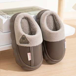 亲子男孩外穿 室内防滑防水pu中大童包跟宝宝毛拖鞋 男童棉拖鞋 冬季