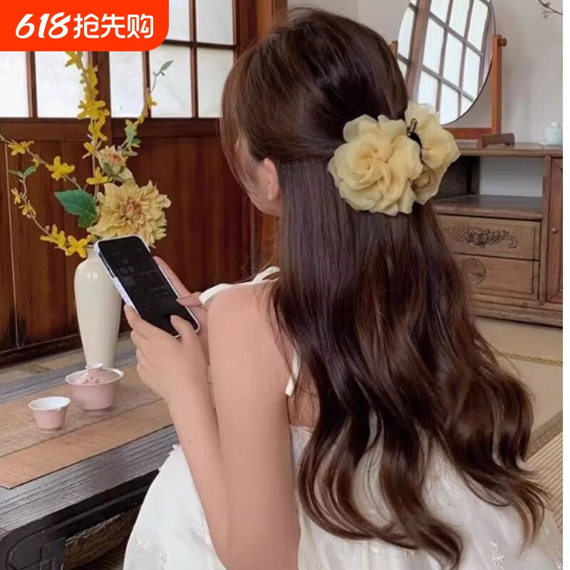 仙女超仙大花朵抓夹桃花款鲨鱼夹发饰中号紫色气质杏色温柔甜美
