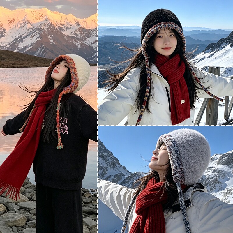 旅游拍照穿搭针织包头帽子女秋冬季流苏毛线帽保暖民族风拉法连帽