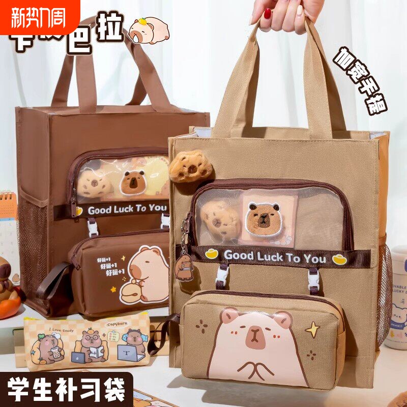 卡皮巴拉补习袋手提袋卡通拎书袋小学生补课包儿童女孩帆布美术袋收纳