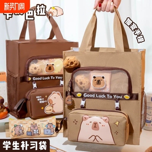卡皮巴拉补习袋手提袋卡通拎书袋小学生补课包儿童女孩帆布美术袋收纳