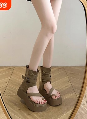 厚底罗马凉靴女2026夏季新款时尚高帮凉鞋增高短靴高跟黑色卡其色