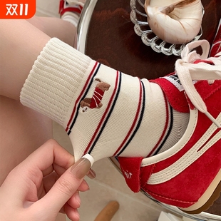 小狗袜子女中筒袜秋季 棉袜条纹运动ins潮可爱韩国长筒袜秋冬针织