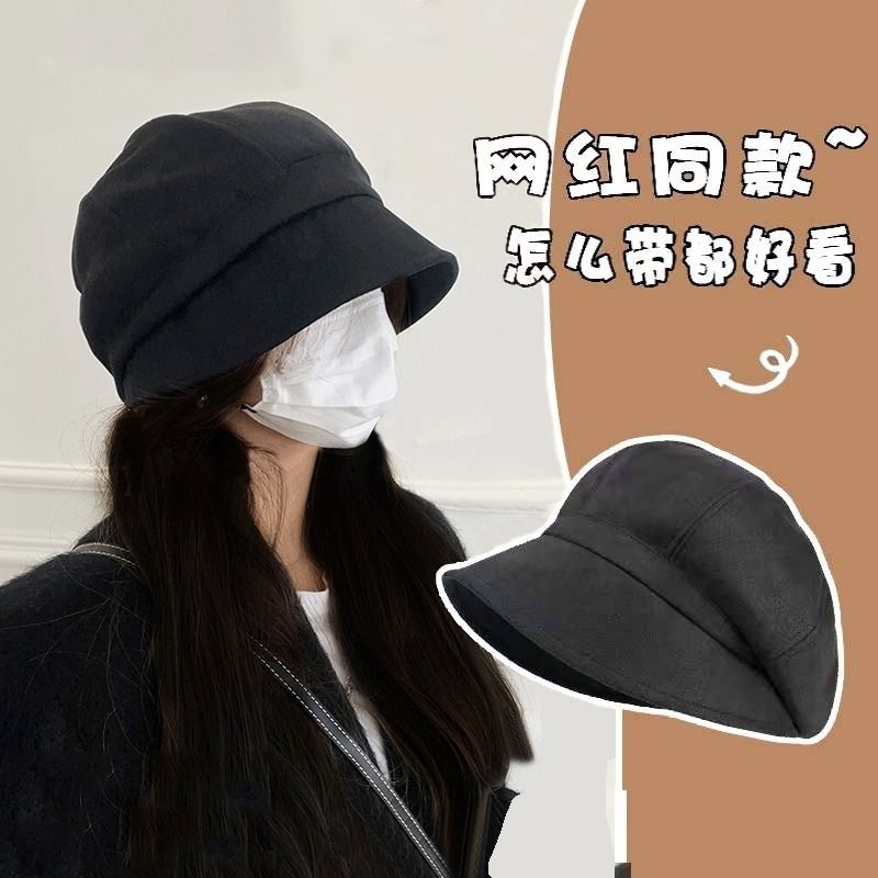 日系素颜秋冬绒渔夫帽子女显脸小堆堆帽大头围八角贝雷帽报童帽
