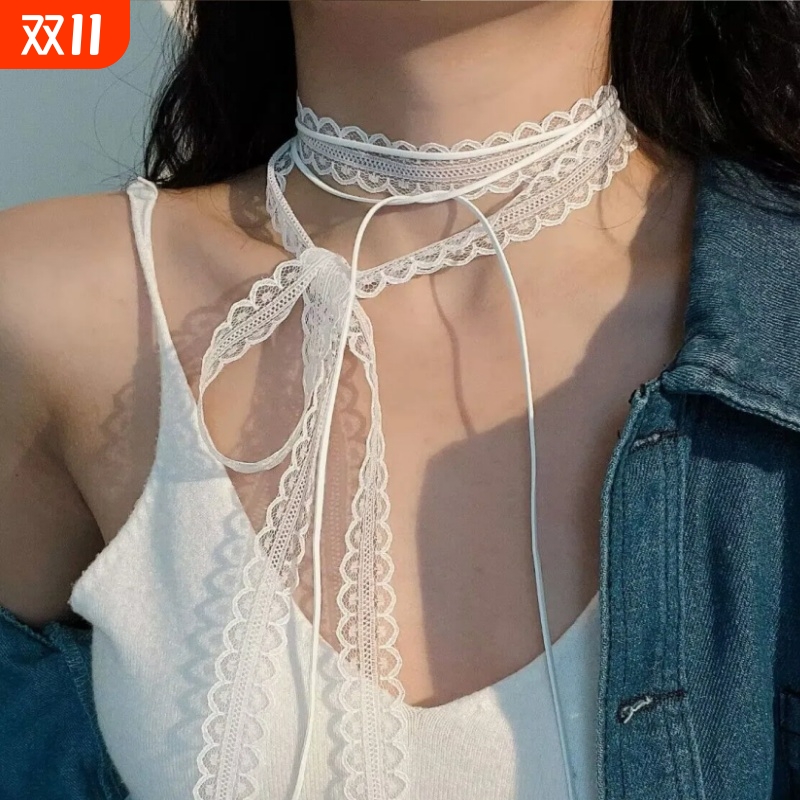 蕾丝飘带叠戴层次感设计蕾丝飘带细窄女春夏百搭锁骨颈带丝巾项链