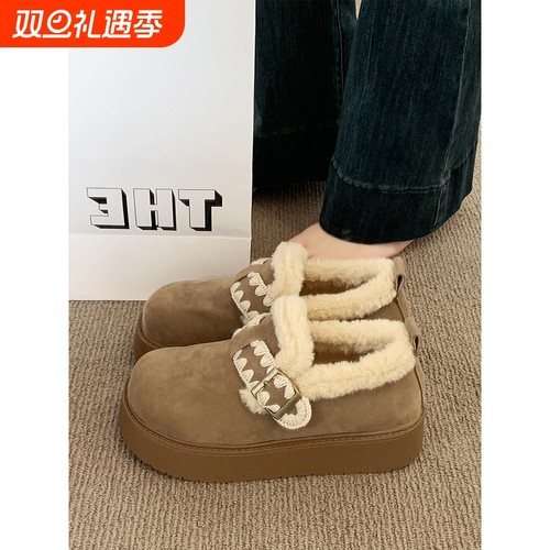 厚底勃肯鞋女鞋子2025新款冬季加绒面包鞋外穿毛毛棉鞋保暖雪地靴