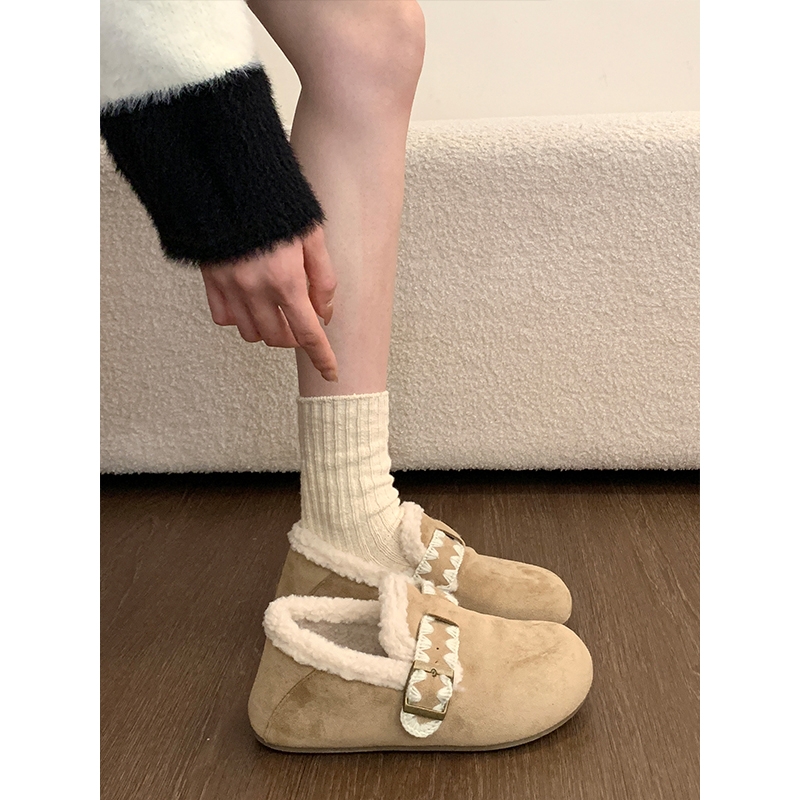 厚底加绒加厚保暖平底棉鞋女2025新款冬季一脚蹬软底勃肯鞋子毛绒
