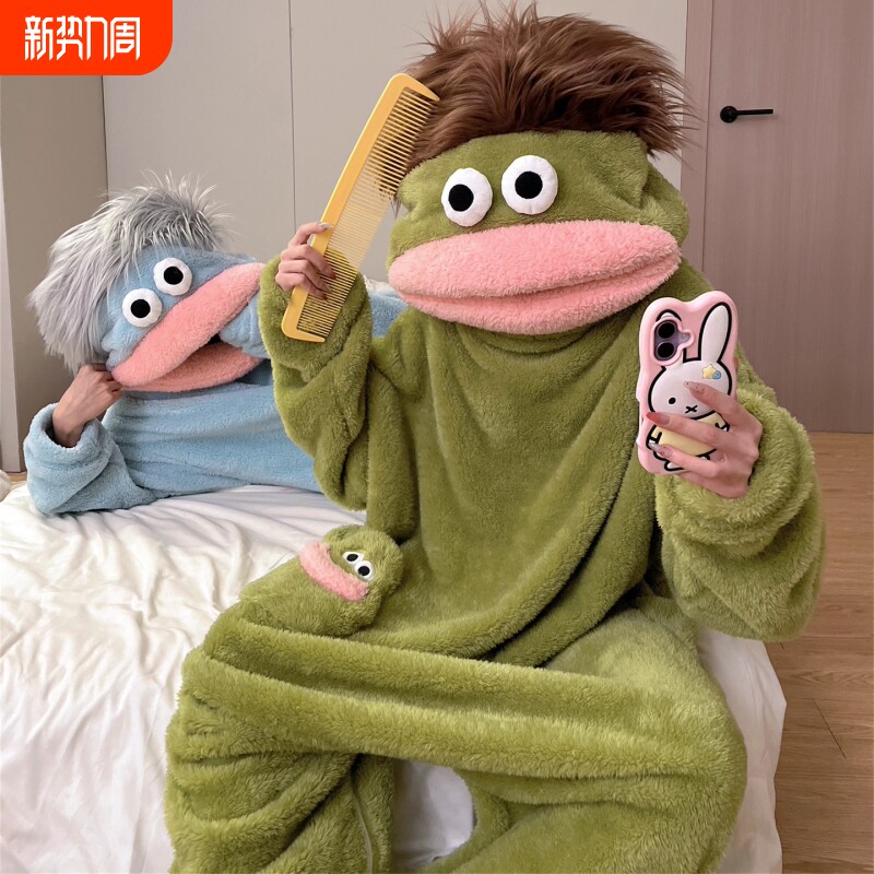 大嘴怪睡衣女冬加厚情侣连体睡袍搞怪香肠嘴男家居服可外穿珊瑚绒