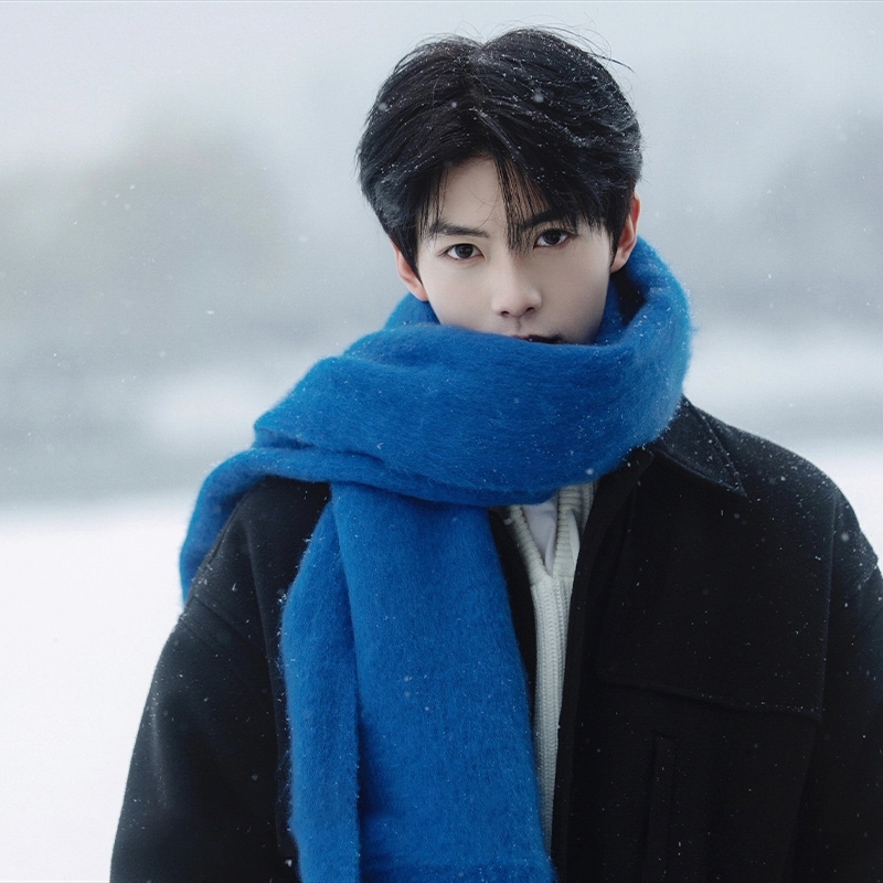 蓝色围巾高级感2025男冬季保暖加厚时尚百搭针织围脖女生氛围纯色