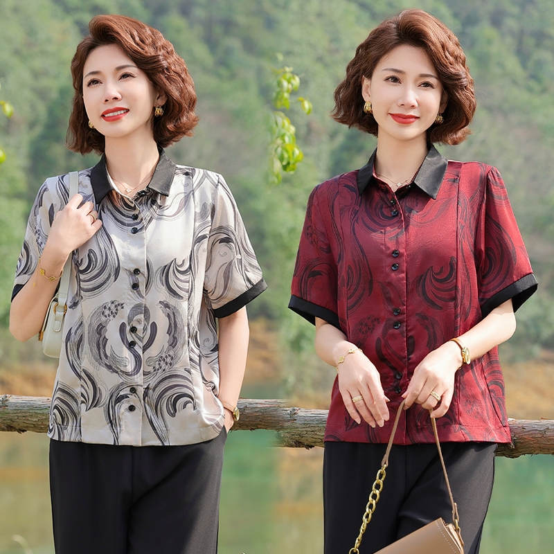 妈妈洋气雪纺衬衫中年女装夏装短袖上衣服中老年翻领大码套装薄款