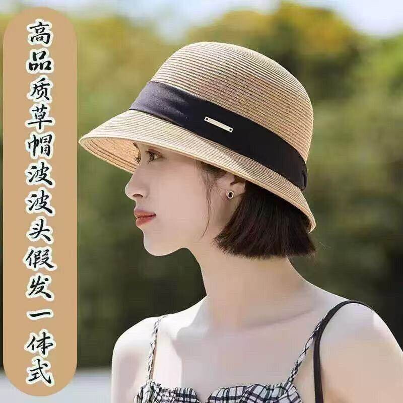 高品质细纸草帽子假发一体女夏天短发防晒帽时尚赫本风小头围渔夫