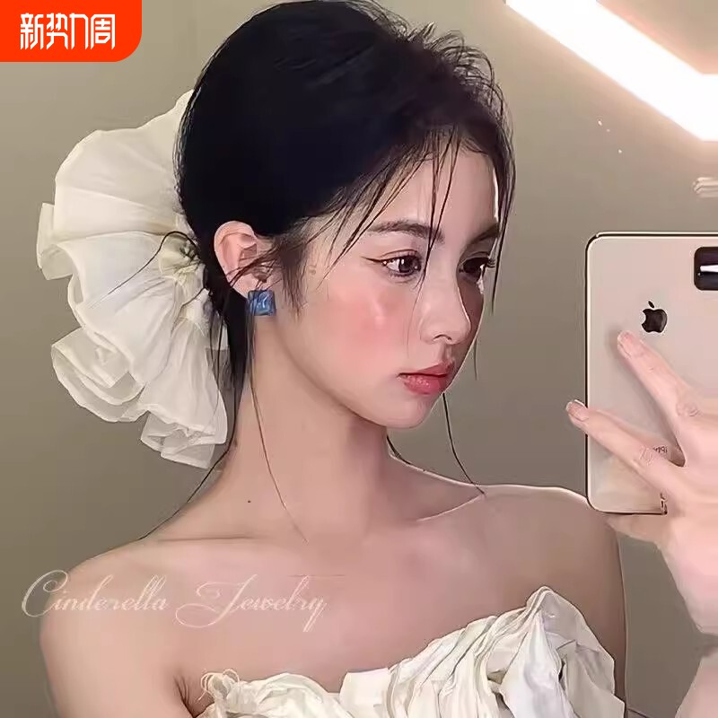 超大褶皱双层发圈大肠圈高级感头绳头花气质新娘结婚法式婚纱配饰