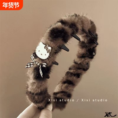 初秋甜酷辣妹KT猫咪发箍时尚毛绒豹纹箍高颅顶带齿发卡蓬松神器饰