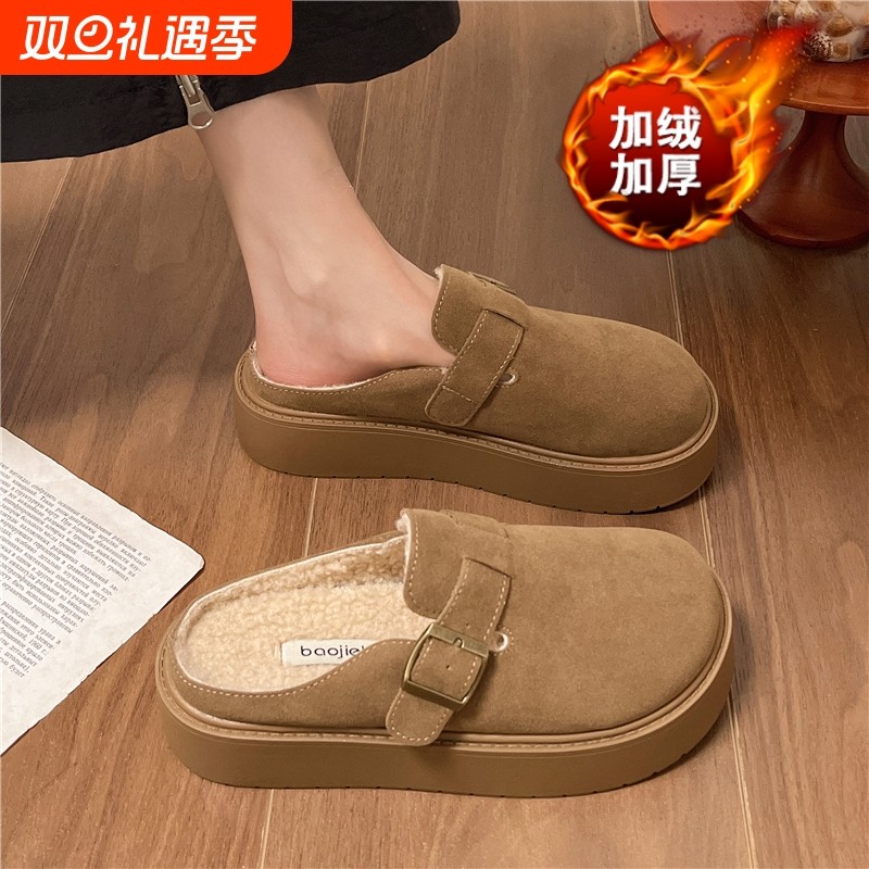 女鞋高级感加绒勃肯鞋孕妇秋冬新款防滑包头半拖保暖棉鞋35码鞋子